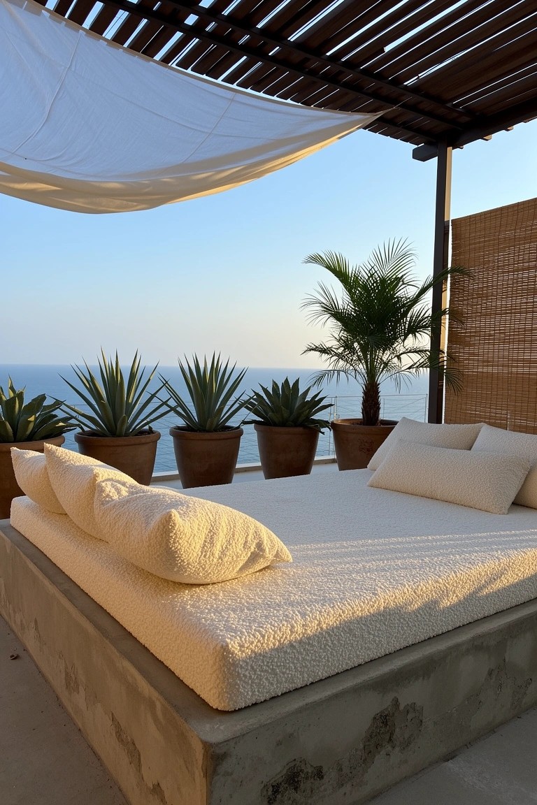 Low concrete platform daybed with plush white cushions on a coastal terrace, potted plants nearby under a pergola