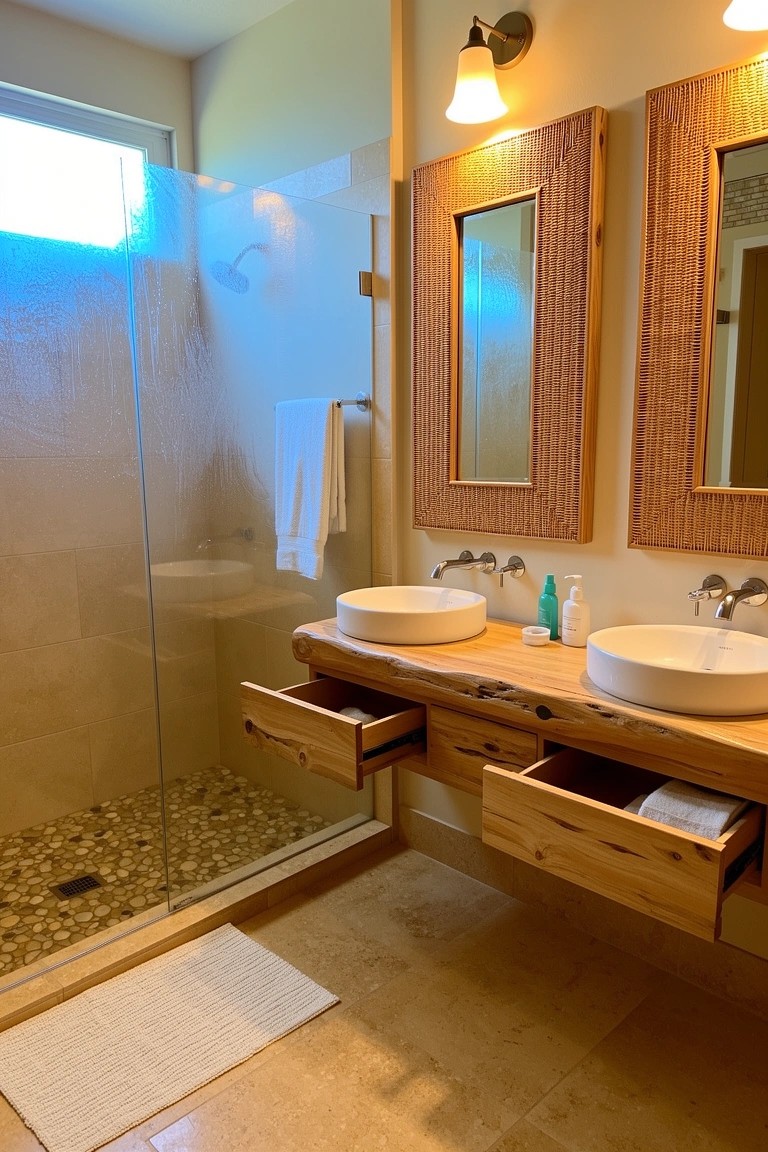 Coastal bohemian bathroom with floating live-edge wood vanity, double white sinks, and bamboo-framed mirrors