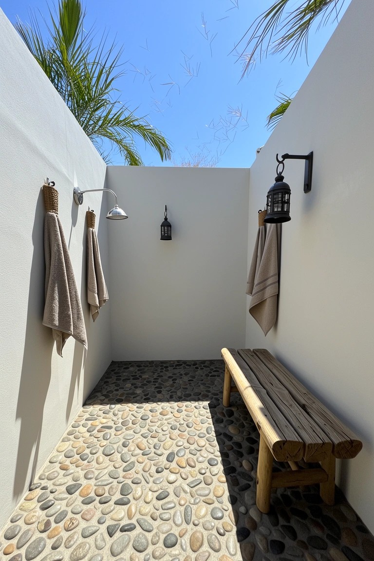 Outdoor shower area with smooth pebble stone floor, wooden bench, and towels on wall hooks