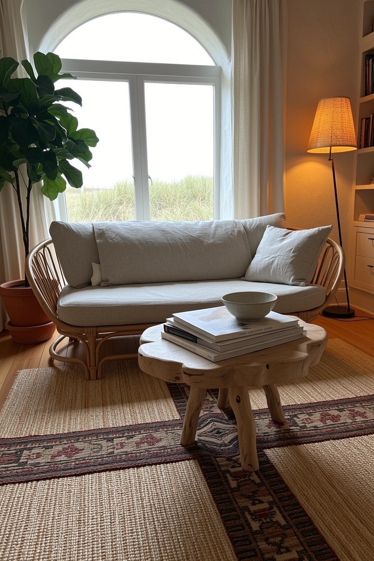 Rattan daybed with white cushions next to large potted plant by arched window, low wooden table with books in light coastal room