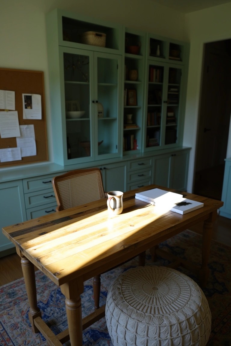 Home office with teal built-in cabinets, wooden desk, rattan chair, and white pouf stool