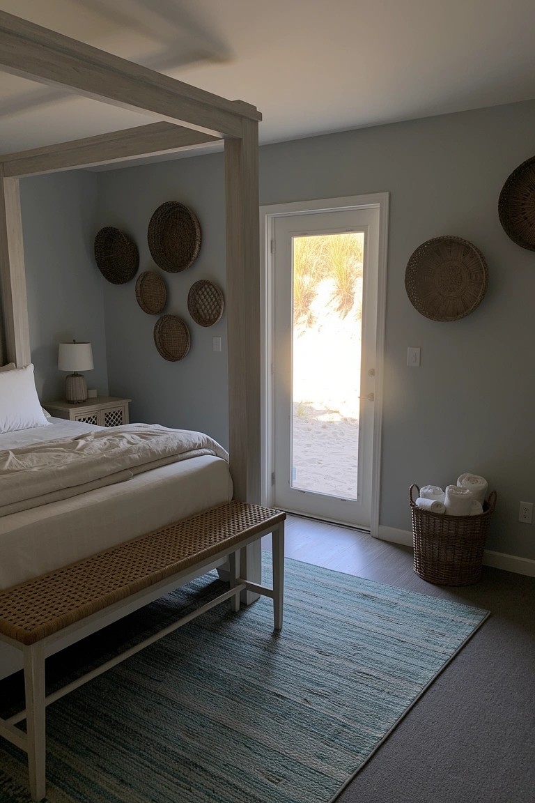 Coastal bedroom with multiple woven baskets hung on light gray wall next to sliding glass door, white bed, rattan bench at foot, teal rug