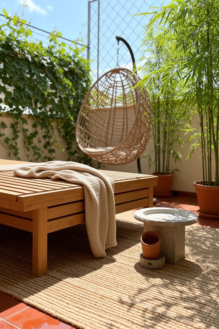 Rattan hanging egg chair and wooden daybed on a plant-filled balcony with neutral rug and terracotta pots