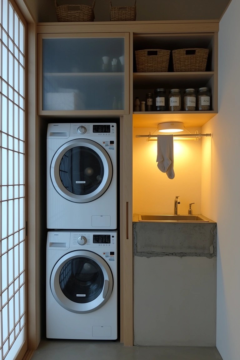 Compact Japandi laundry nook with stacked white washers and dryers under wooden cabinets, open shelves holding baskets and jars, concrete sink, and shoji screen window