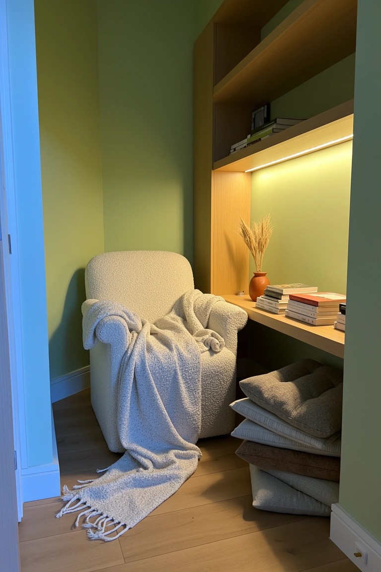 Cozy white armchair in green corner nook with cream throw blanket, stacked pillows, open wood shelves holding books and pampas grass