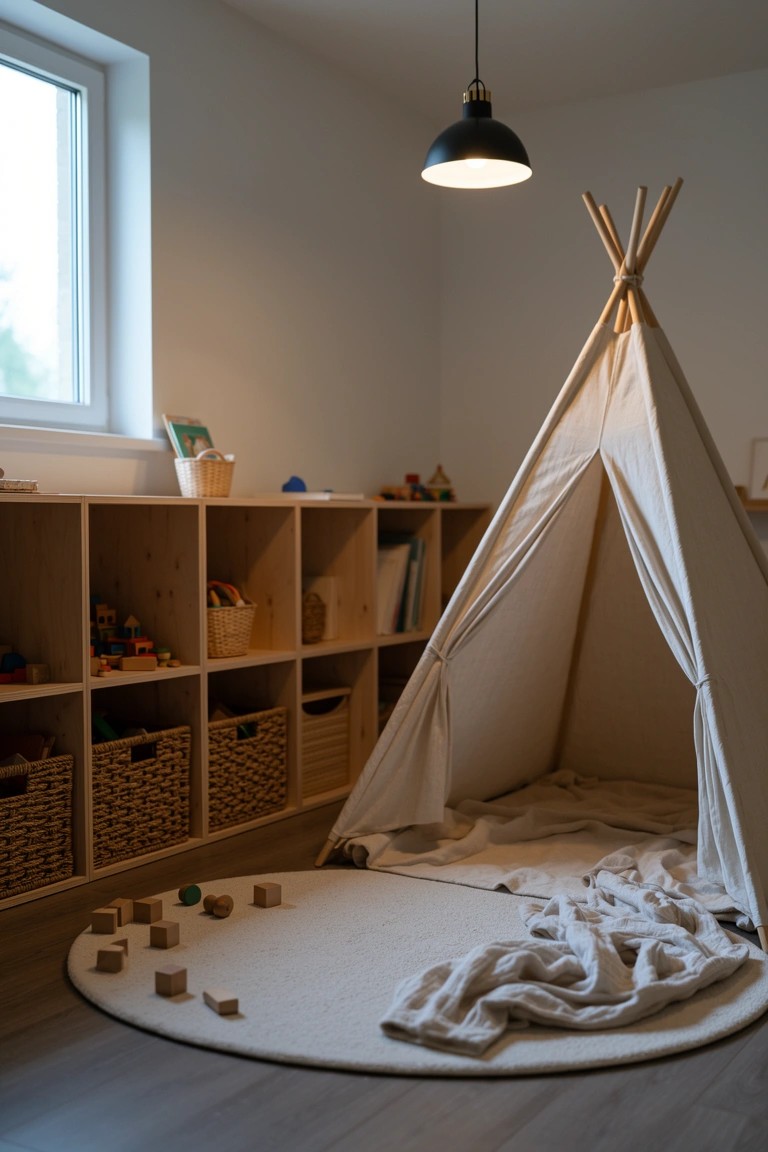 White teepee tent on a round rug in a kids room with open wooden shelves holding toys and books