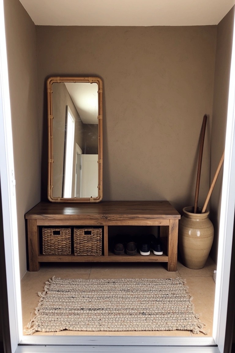 Narrow entryway with tan walls, low wooden bench holding shoes and woven storage baskets, tall rattan mirror, seagrass rug, and large pottery vase.
