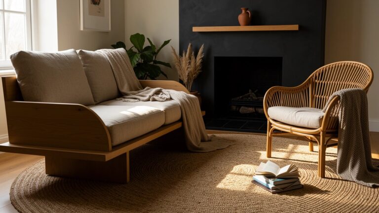 Sunlit living room corner with low beige sofa on wooden platform, rattan chair with throw blanket, pampas grass in dark fireplace, neutral tones and natural textures
