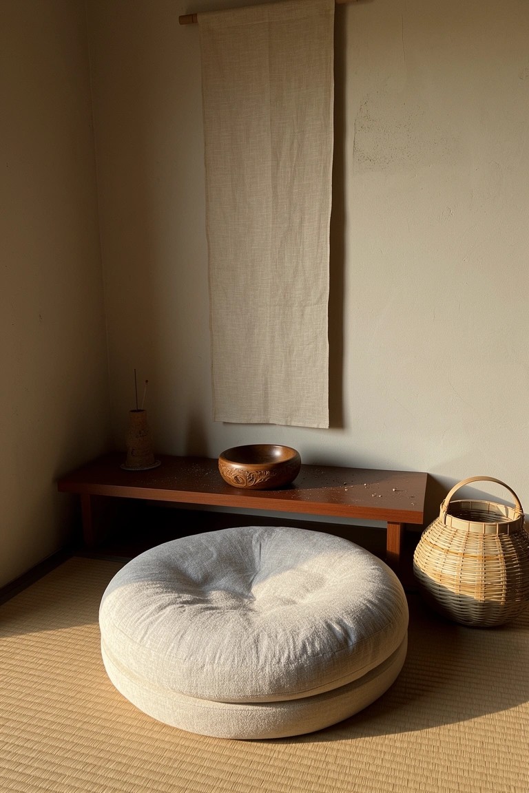 Serene Japandi boho corner with large beige floor cushion on tatami mat, low wooden bench displaying carved bowl and vase, rattan basket, and hanging neutral textile.