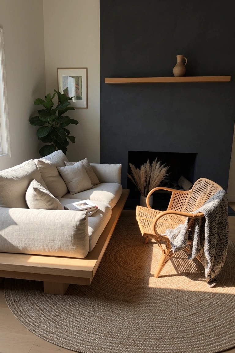 Sunlit living room corner with low beige sofa on wooden platform, rattan chair with throw blanket, pampas grass in dark fireplace, neutral tones and natural textures