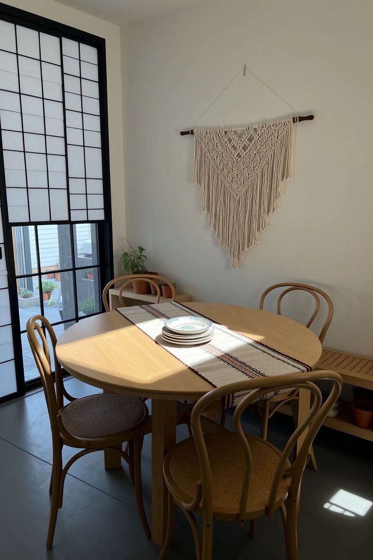 Round wooden dining table with bentwood chairs under a large macrame wall hanging in a Japandi room with shoji screens