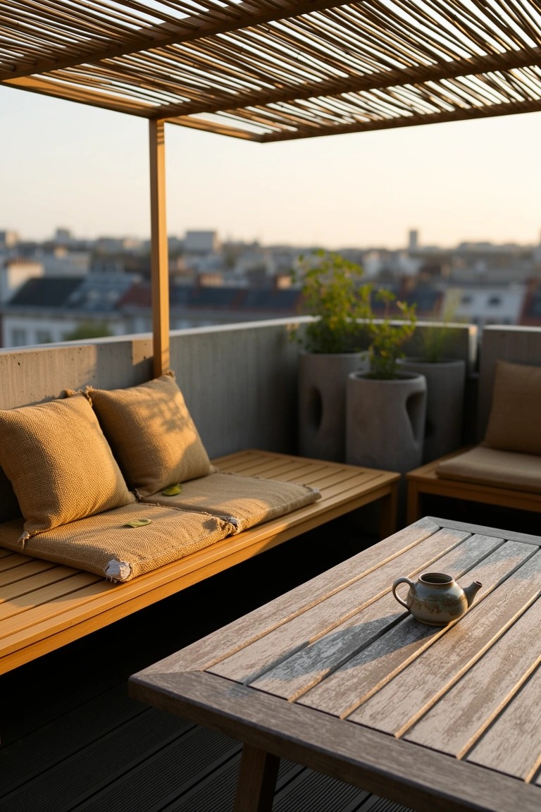 Wooden bench with beige cushions on a rooftop terrace next to a low table, teapot, and potted plants
