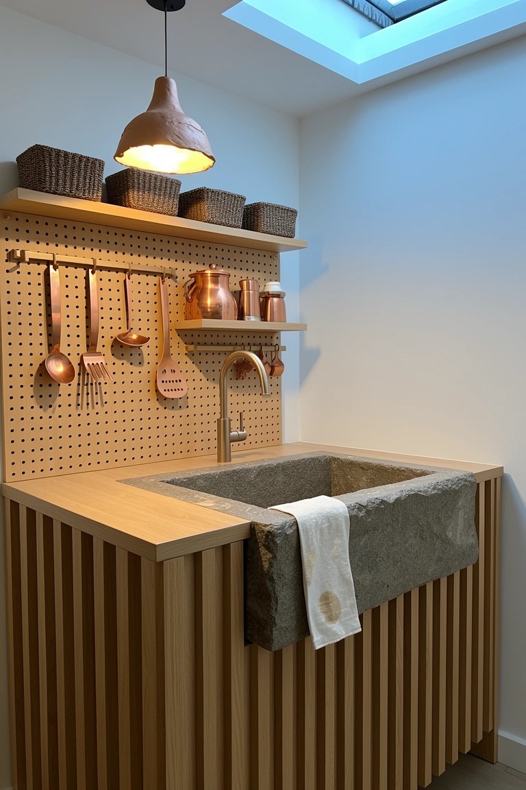 Pegboard wall with hanging copper utensils above a stone utility sink on wooden base