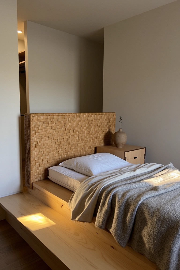 Low wooden platform bed with tall woven bamboo headboard, white bedding, gray throw blanket, wooden nightstand, and vase in neutral bedroom