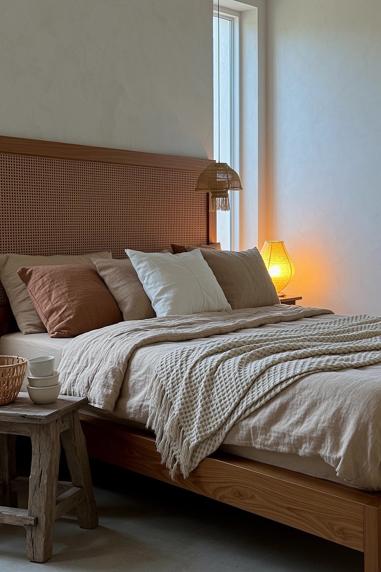 Bedroom with woven rattan headboard on wooden bed, neutral textured bedding, and soft lamps by window
