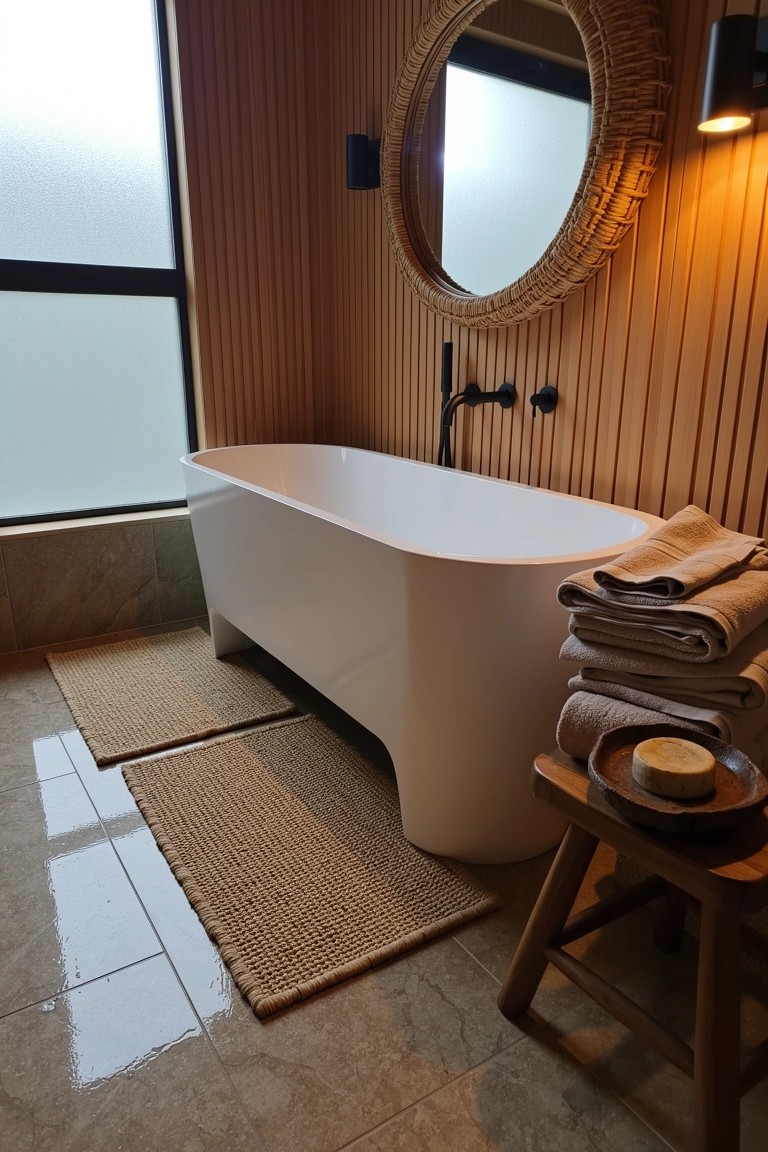 Serene bathroom with warm vertical wood slat walls, freestanding white bathtub, rattan mirror, stacked beige towels, and seagrass rugs on tiled floor