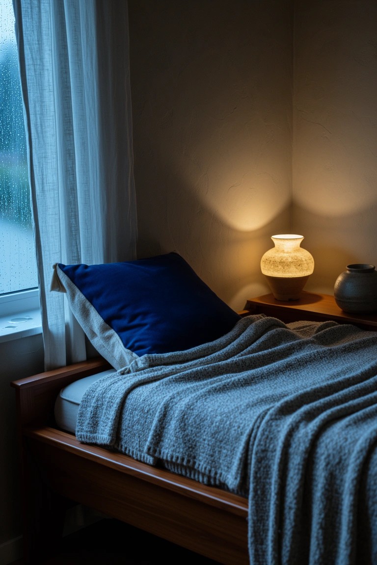 Cozy bedroom corner with wooden daybed draped in gray knit blanket and blue pillow, wooden side table holding glowing textured vase lamp and plain vase, sheer curtains at rainy window
