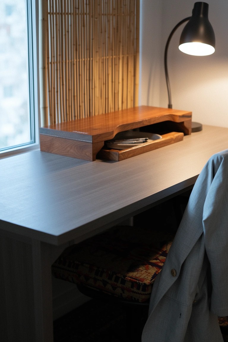 Light wood desk with raised wooden tray holding a small dish, bamboo window screen, and black desk lamp nearby
