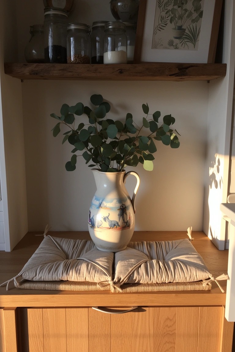 Rustic wooden shelf unit with glass jars on top shelves and a white jug of eucalyptus branches on a cushioned wooden base below