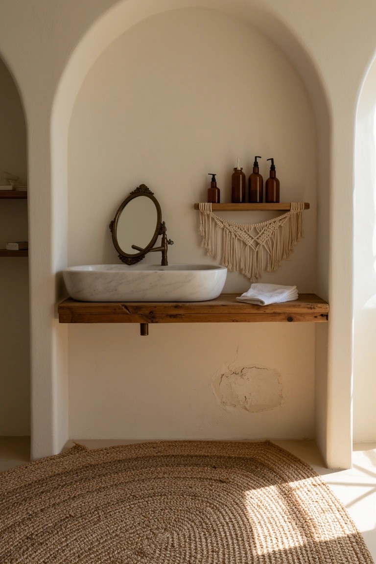 White arched wall nook with wooden vanity holding white basin, macrame shelves with bottles, oval mirror, and seagrass rug on floor