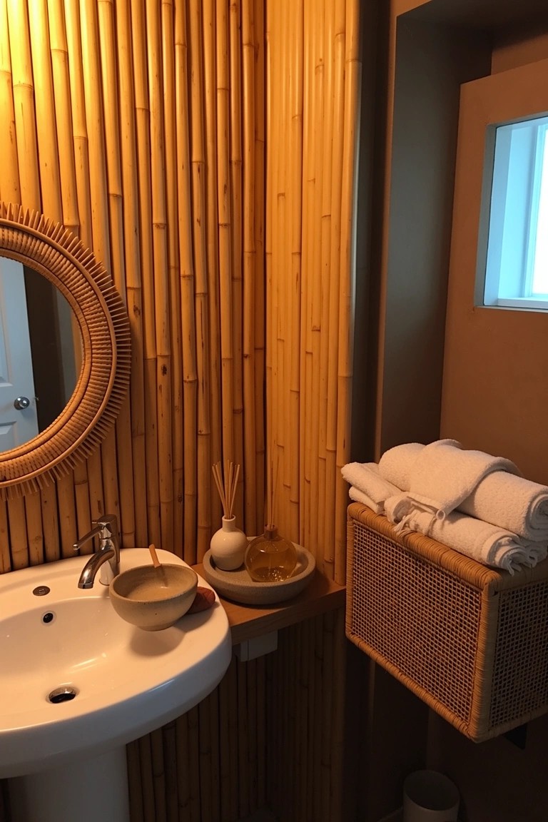 Boho bathroom with vertical bamboo wall panels, white pedestal sink, round wood mirror, rattan towel basket, and simple neutral accents