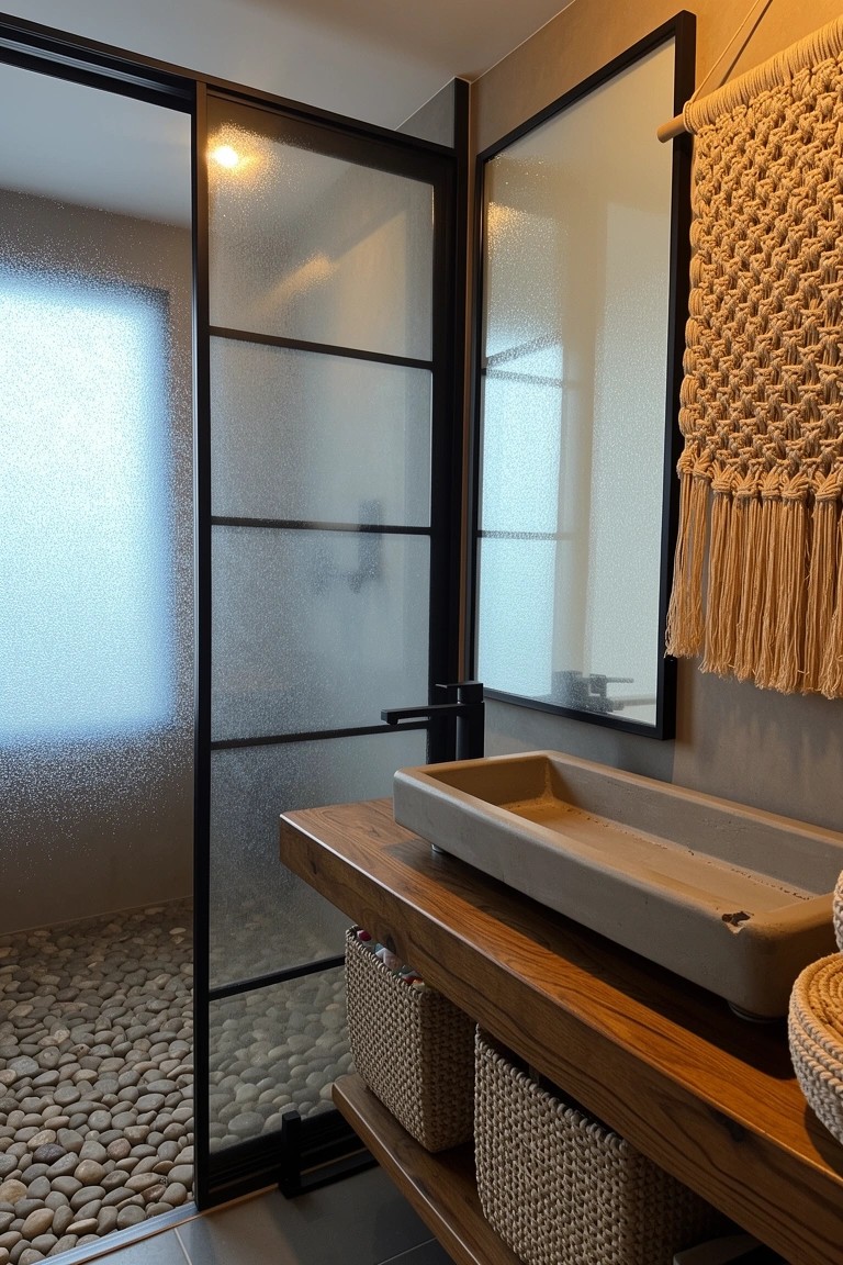 Wood bathroom vanity with open shelves holding woven baskets, black metal shower enclosure with pebble floor in background