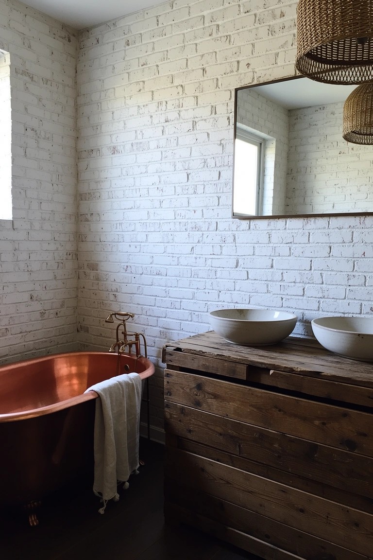 Boho bathroom with freestanding copper clawfoot tub, rustic wooden vanity holding two white bowl sinks, white brick walls, and rattan pendant lights