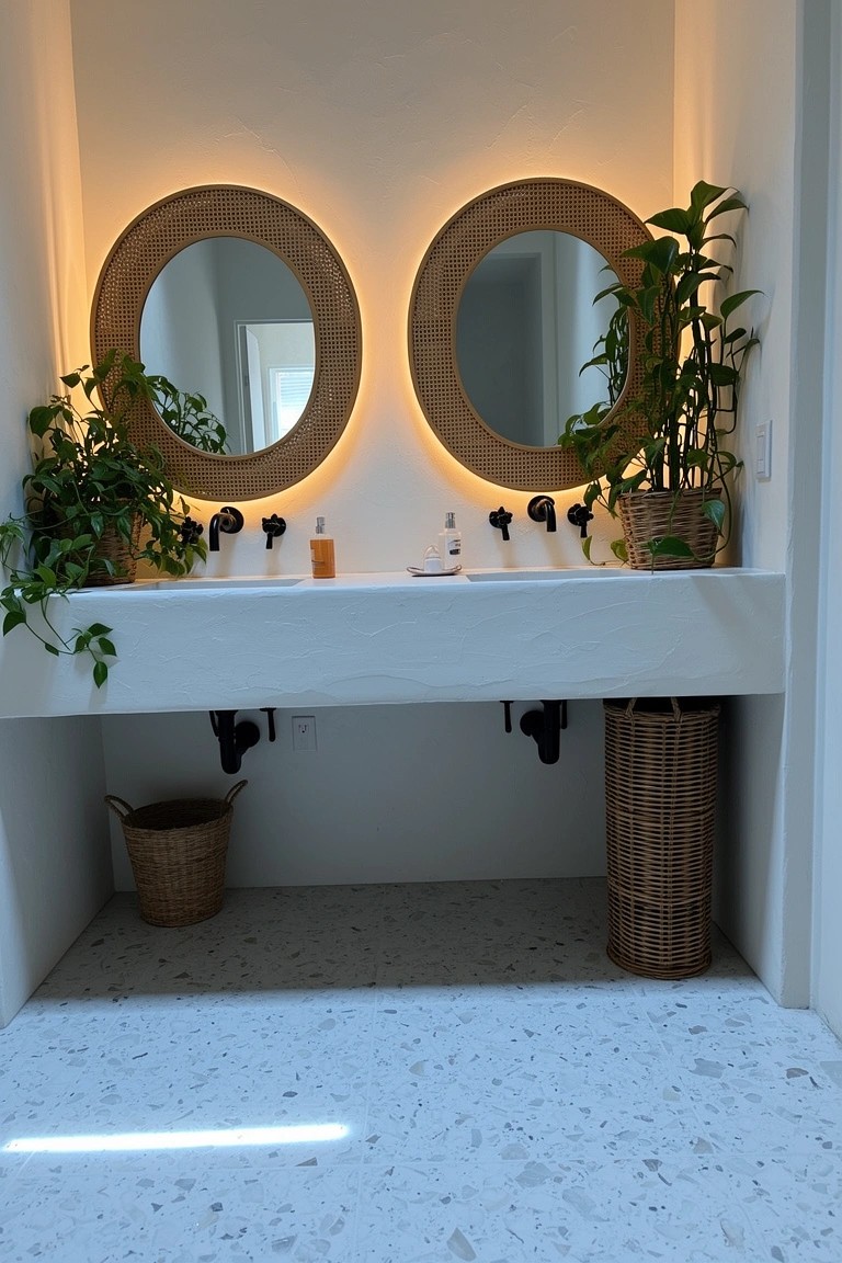 Boho bathroom vanity with two round rattan-framed mirrors and backlighting, potted plants on shelves, floating white sink with black faucets, woven storage baskets below, on terrazzo tile floor