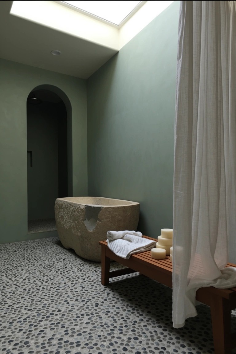 Sage green bathroom with freestanding carved stone bathtub on pebble floor, wood bench holding towels and soap, sheer white curtain, and arched doorway