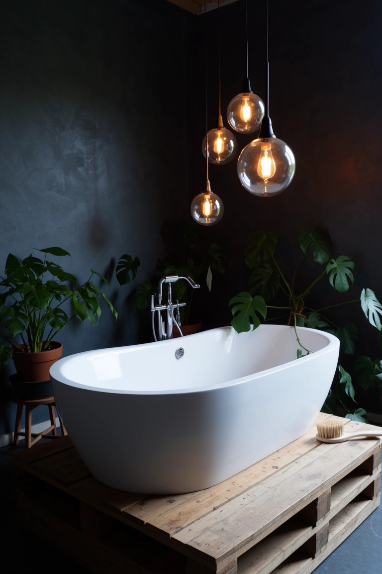 White freestanding oval bathtub raised on stacked wooden pallets with surrounding green monstera plants and pendant lights in a dark boho bathroom