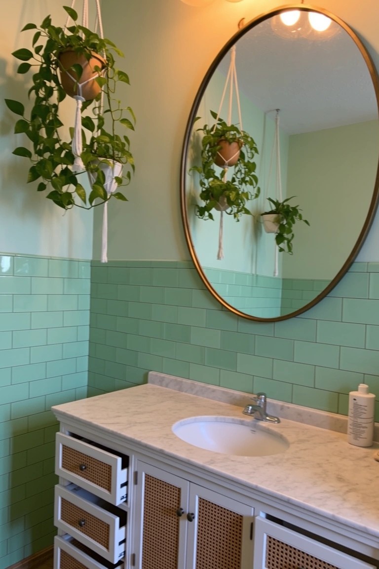 Boho bathroom corner with mint green subway tiles on half wall, hanging plants near round mirror, and rattan vanity