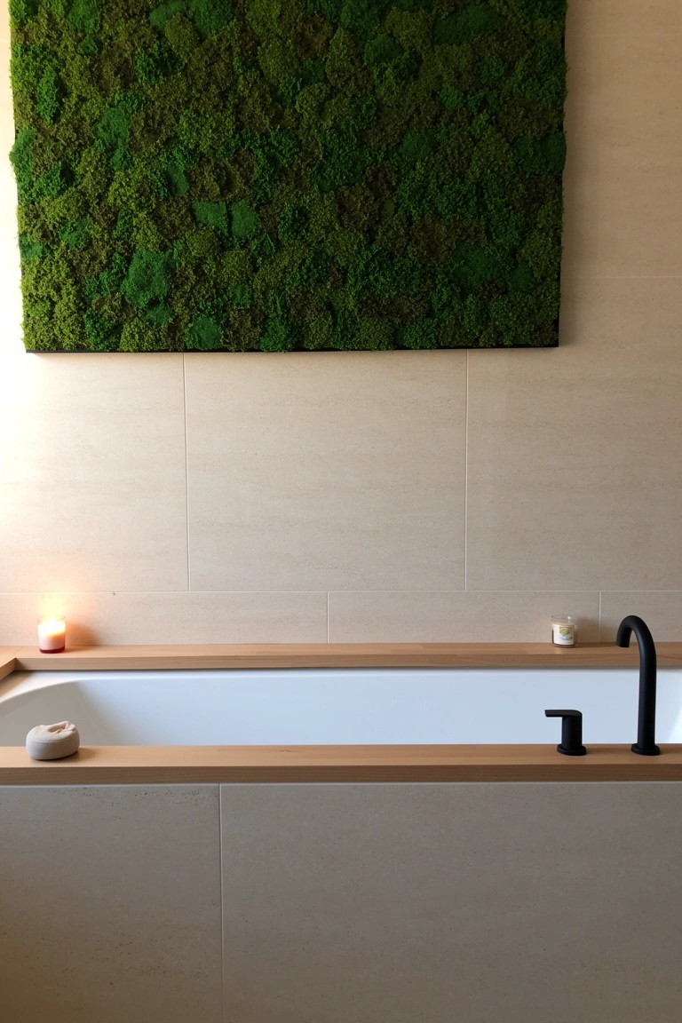 Bathroom with large preserved moss wall above freestanding wooden tub, black faucet, and candles on ledge