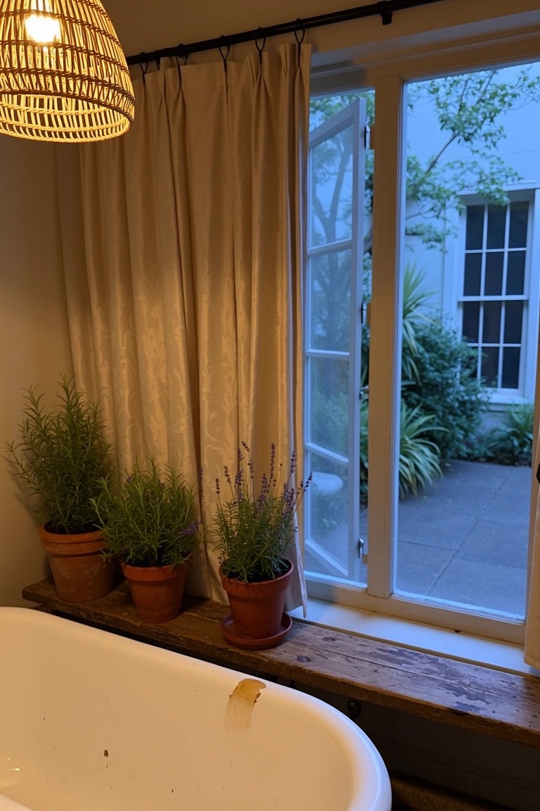 Clawfoot bathtub on rustic wooden ledge with potted rosemary, lavender, and green plants next to large window overlooking garden