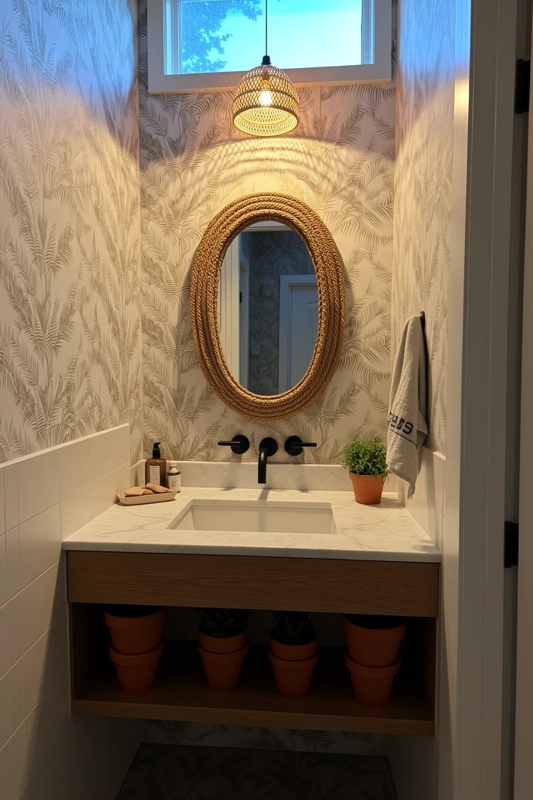 Cozy boho powder room vanity with open shelves holding terracotta plant pots below a white sink and black faucet