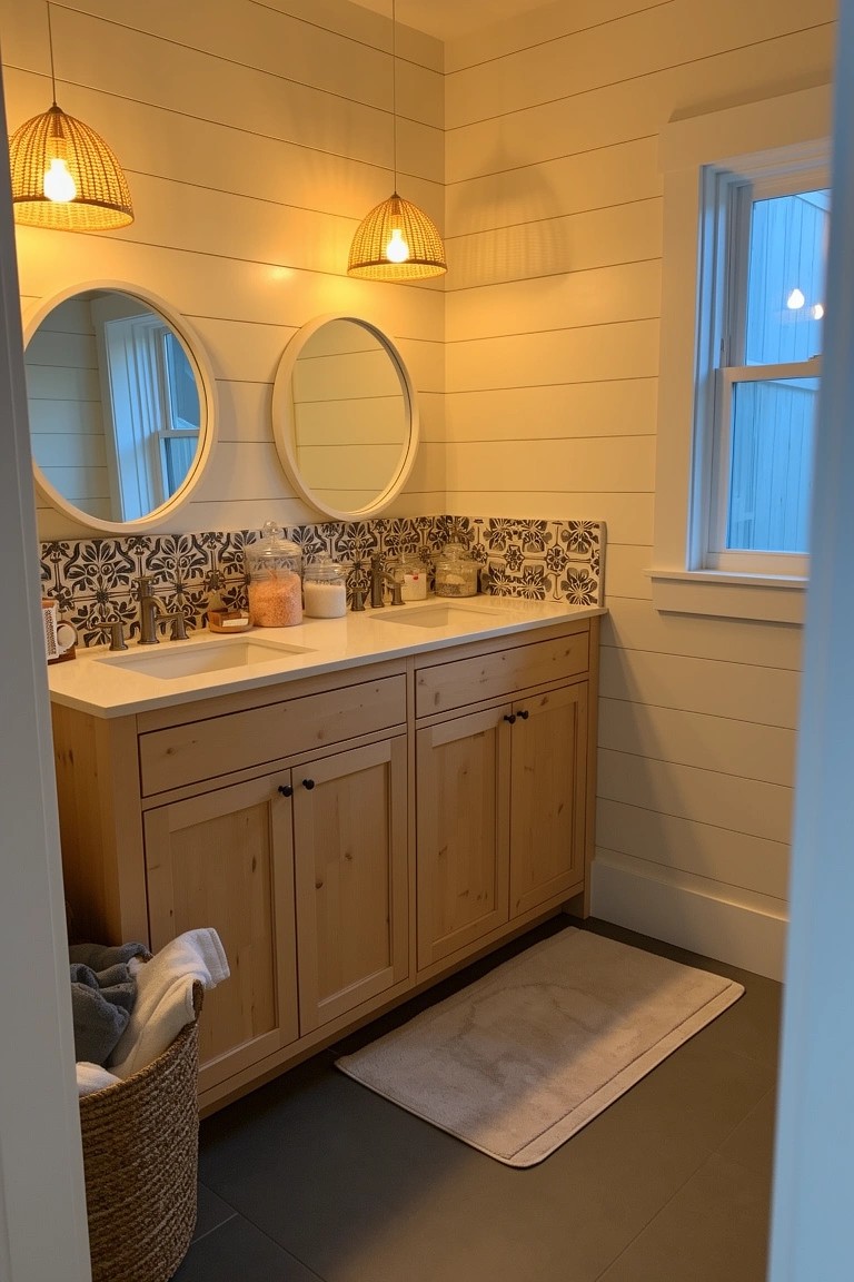 Cozy bathroom featuring white shiplap walls, wooden double vanity, round mirrors, and blue patterned tile backsplash with woven pendant lights