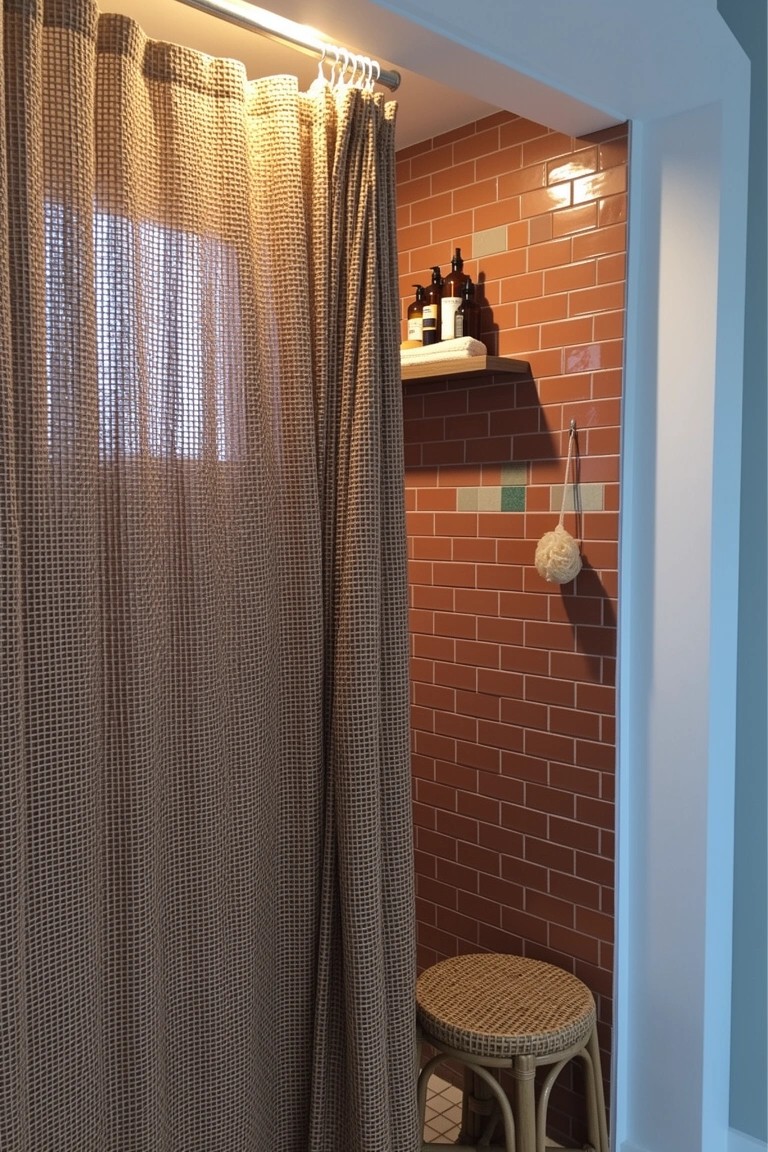 Compact shower nook featuring orange brick subway tiles, textured beige curtain, and rattan stool nearby