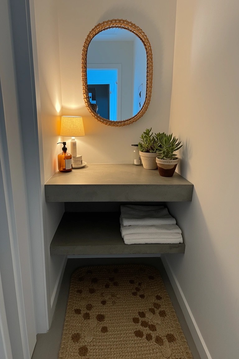 Small bathroom vanity nook featuring oval rattan mirror over floating gray concrete shelf with soap dispenser, lamp, plant, and folded towels stored below
