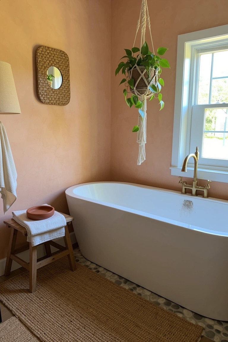 Boho bathroom with soft terracotta walls, white freestanding tub, macrame hanging plant, and wooden stool with towels