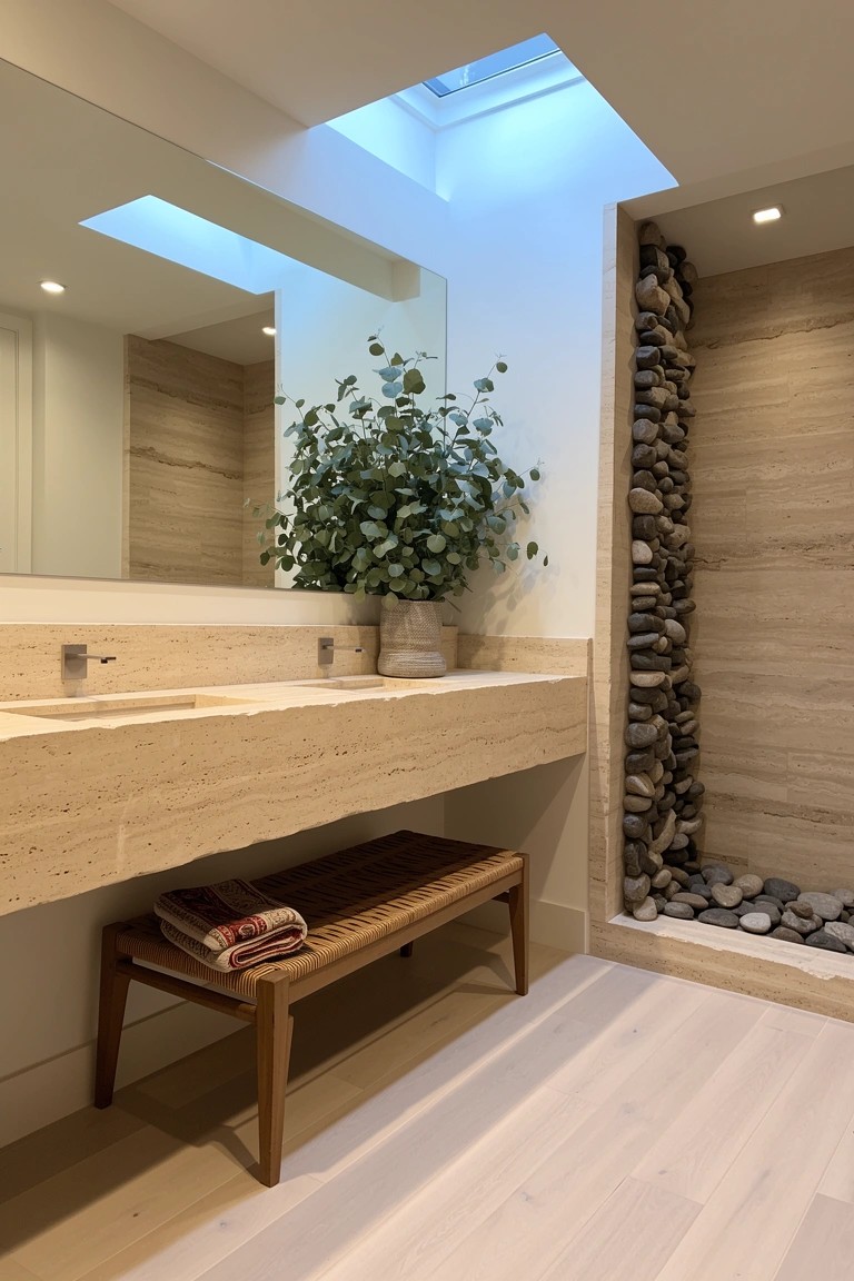Bathroom with tall natural stone wall ending in pebbles, travertine vanity, wooden bench with towel, and eucalyptus plant