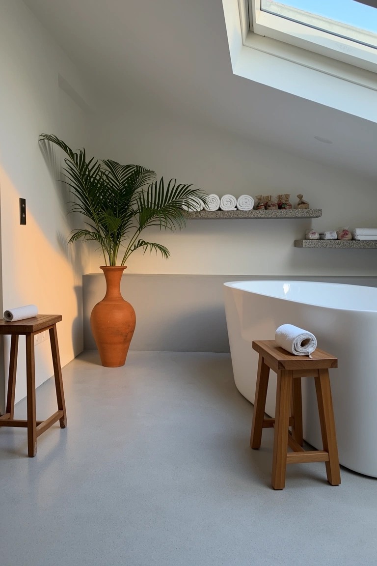 Freestanding white bathtub in a light-filled bathroom with sloped ceiling and skylight, flanked by wooden stools, large orange terracotta vase holding a tall palm plant, and open shelf displaying rolled white towels