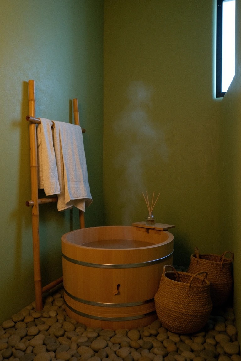 Wooden barrel soaking tub in a green-walled bathroom corner with bamboo towel rack and pebble floor