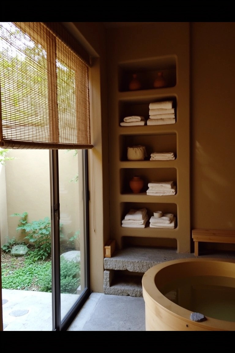 Serene bathroom corner with round wooden soaking tub on stone steps, adjacent to sliding glass doors opening to a small garden, and earth-toned built-in shelves stocked with folded towels and ceramic vessels