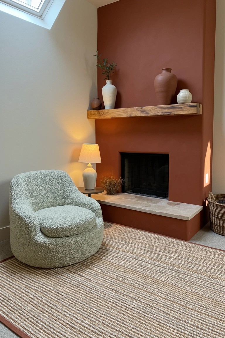 Plush cream armchair beside terracotta brick fireplace with pottery on mantel, lamp on side table, and striped rug on floor