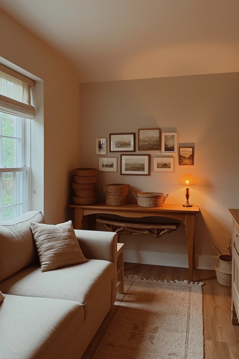 Cozy living room corner featuring a wooden desk with lamp, stacked woven baskets, beige sofa, and framed art on neutral walls near a window