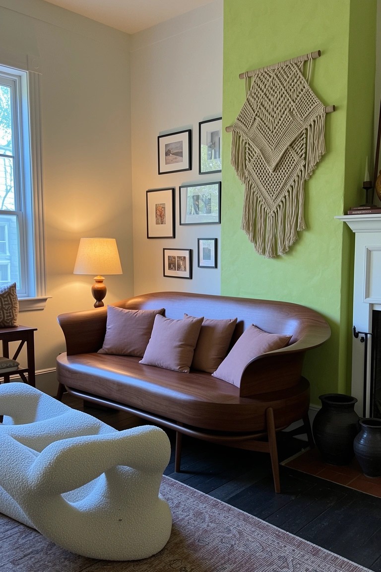 Curved brown leather loveseat in a boho living room corner against green wall with macrame hanging and white sculptural chair nearby