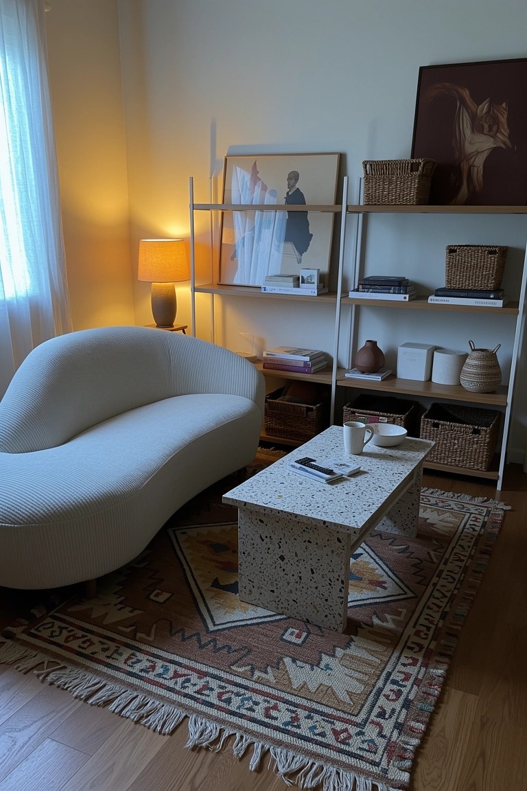 Cozy boho living room corner featuring a white curved sofa, speckled low coffee table, patterned rug, and open shelves with baskets