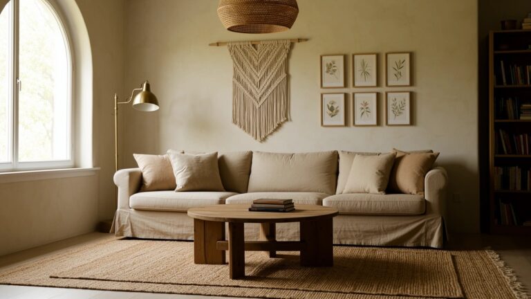 Cozy living room corner featuring a large rattan pendant light over a beige slipcovered sofa, wooden coffee table with stacked books, arched alcove bookshelves, macrame wall hanging, and jute rug in neutral tones