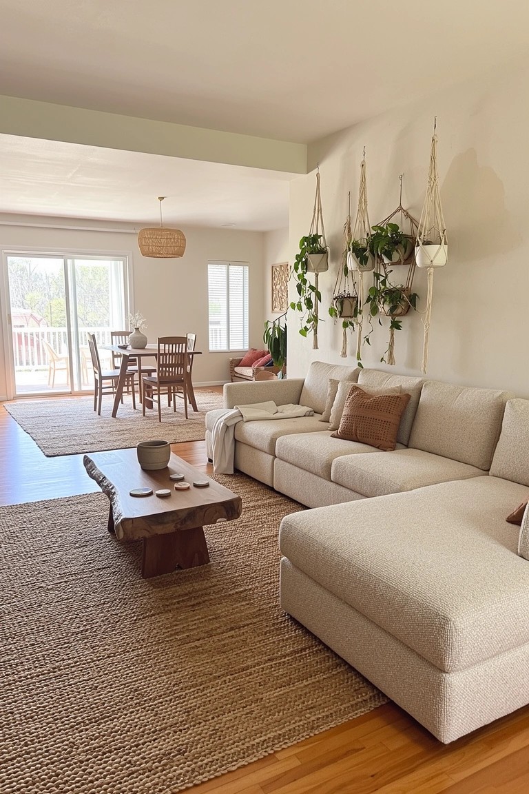 Open boho living room with beige L-shaped sofa, wooden coffee table on jute rug, multiple macrame-hung plants on white walls, and view to dining area through sliding doors