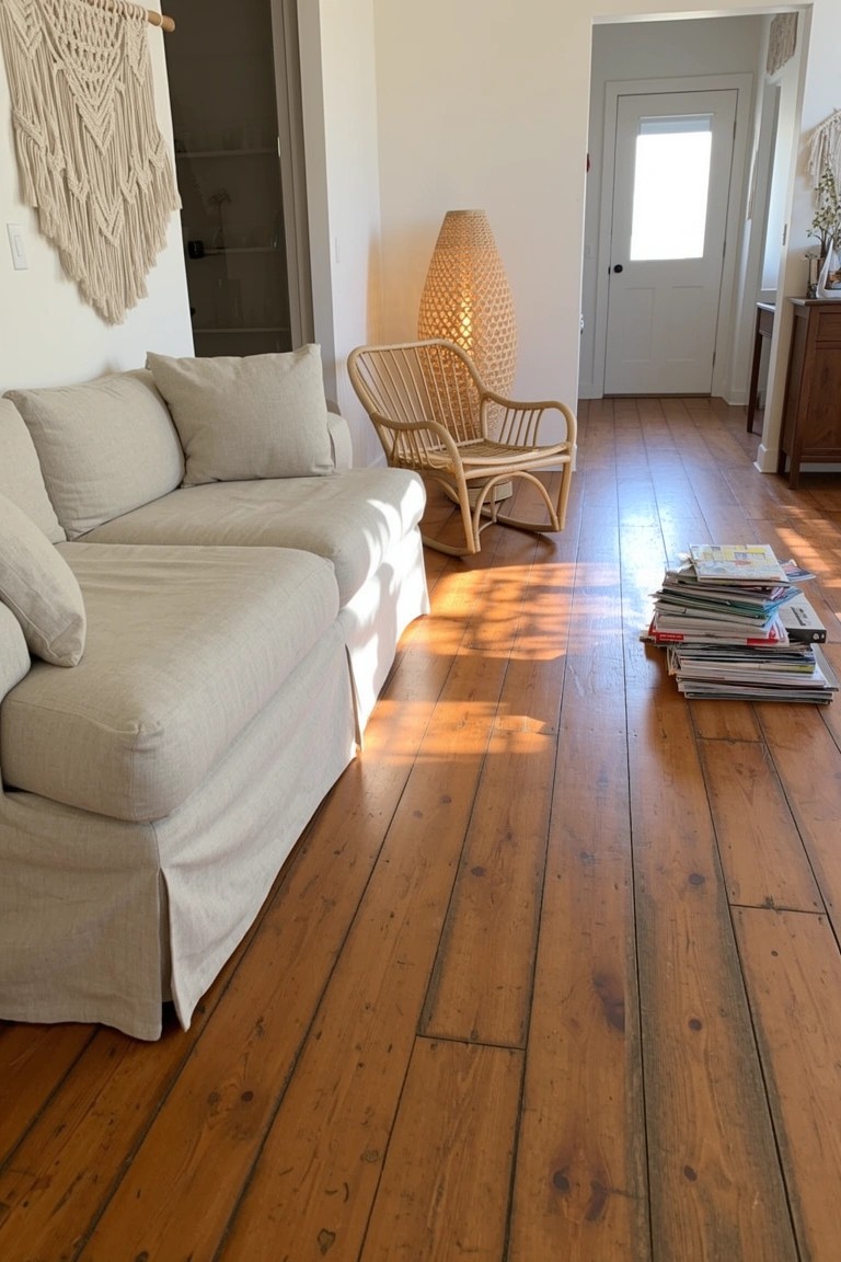 Light slipcovered sofa on dark wood floors in a boho living room with rattan chair, macrame wall hanging, and stack of magazines