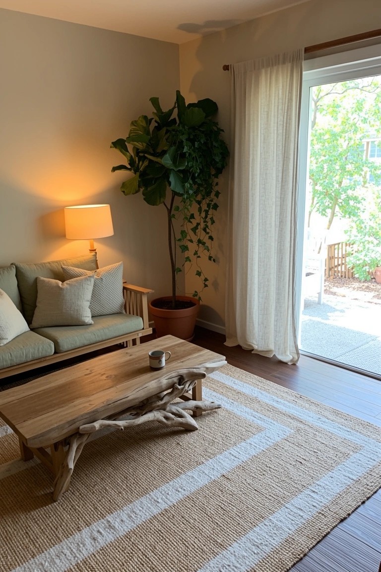 Neutral living room corner featuring a live-edge wooden coffee table, beige sofa with pillows, large potted plant, and sheer curtains on sliding door